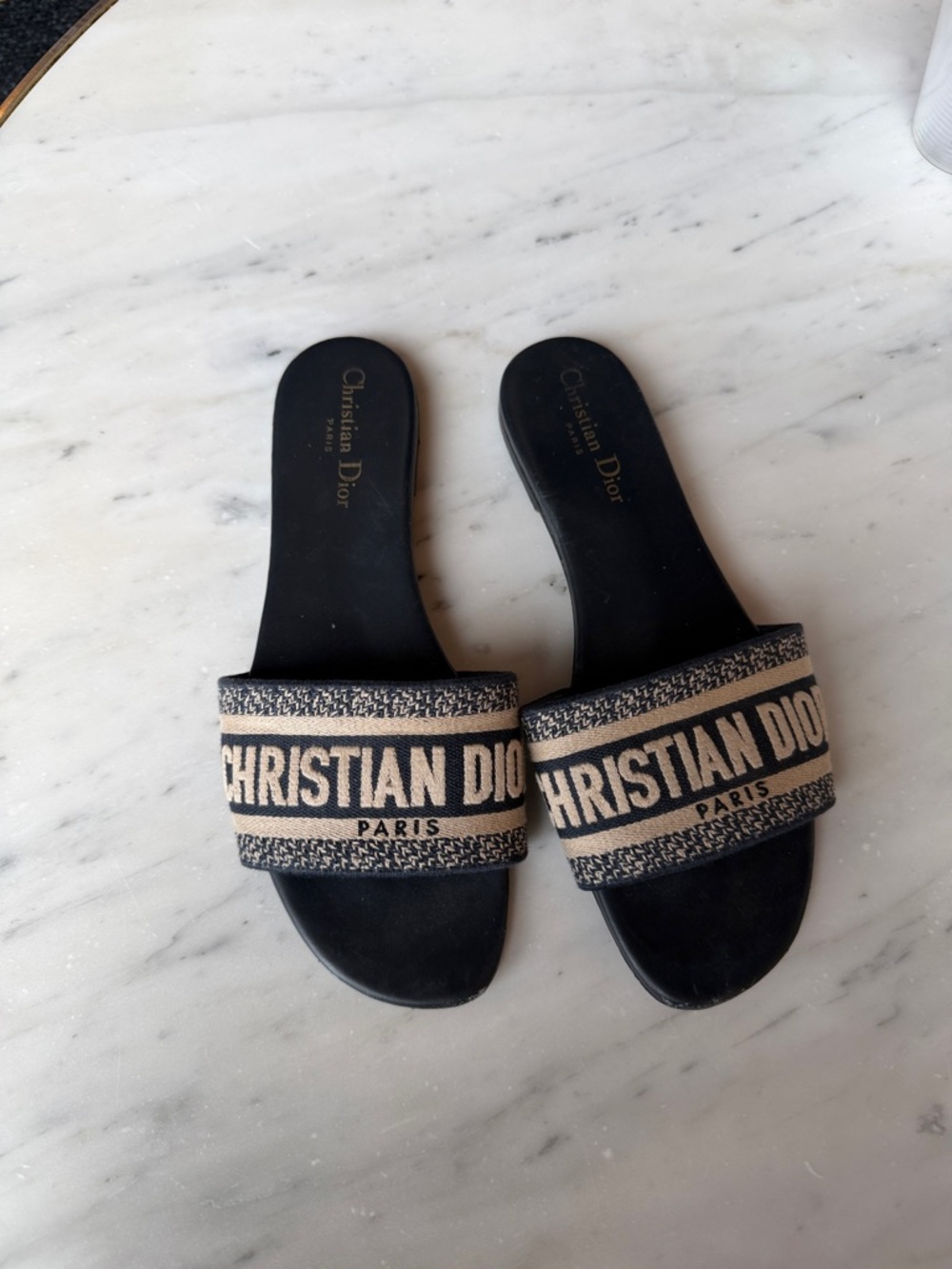 Christian Dior Black & Beige Logo Slide Sandals